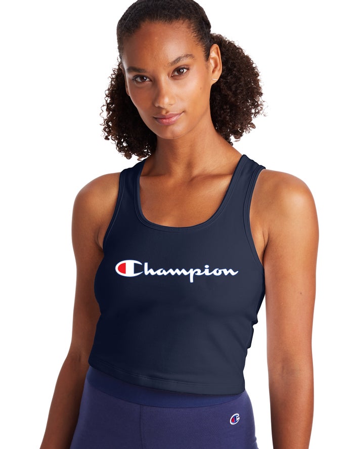 Champion Womens Tank Tops NZ - Authentic Crop Script Logo Navy ( 1028-QTJBK )